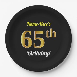 Black, Faux Gold 65th Birthday + Custom Name Paper Plate