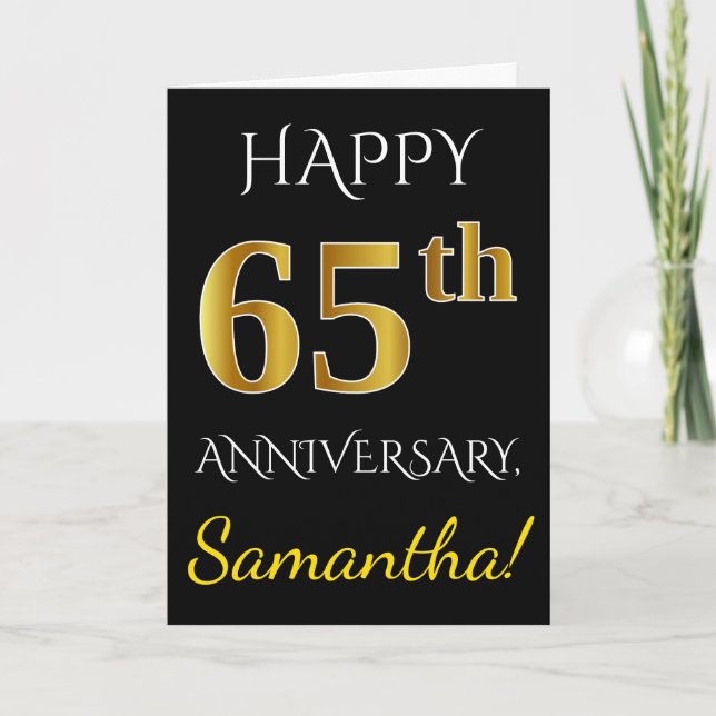 Black, Faux Gold 65th Wedding Anniversary + Name Card (Front)
