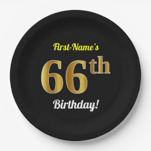 Black, Faux Gold 66th Birthday + Custom Name Paper Plate