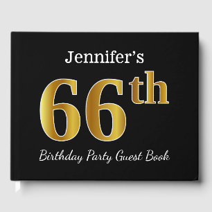 Black, Faux Gold 66th Birthday Party + Custom Name Guest Book