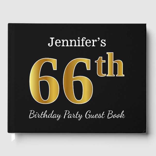 Black, Faux Gold 66th Birthday Party + Custom Name Guest Book (Front)