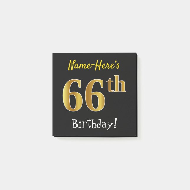 Black, Faux Gold 66th Birthday, With Custom Name Post-it Notes (Front)