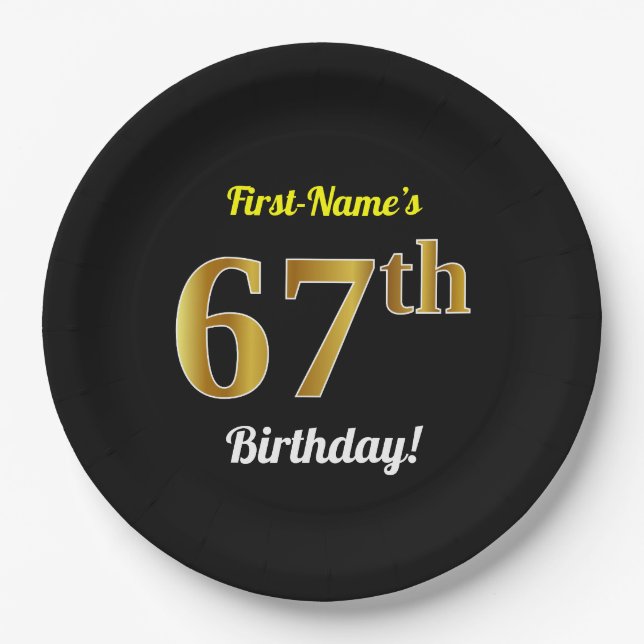 Black, Faux Gold 67th Birthday + Custom Name Paper Plate (Front)