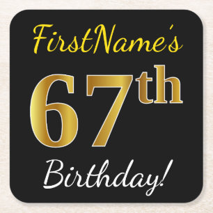 Black, Faux Gold 67th Birthday + Custom Name Square Paper Coaster