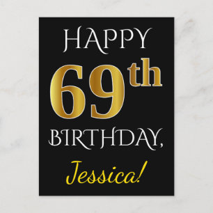 Black, Faux Gold 69th Birthday + Custom Name Postcard