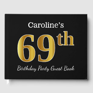 Black, Faux Gold 69th Birthday Party + Custom Name Guest Book