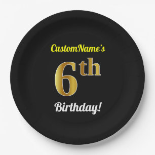 Black, Faux Gold 6th Birthday + Custom Name Paper Plate