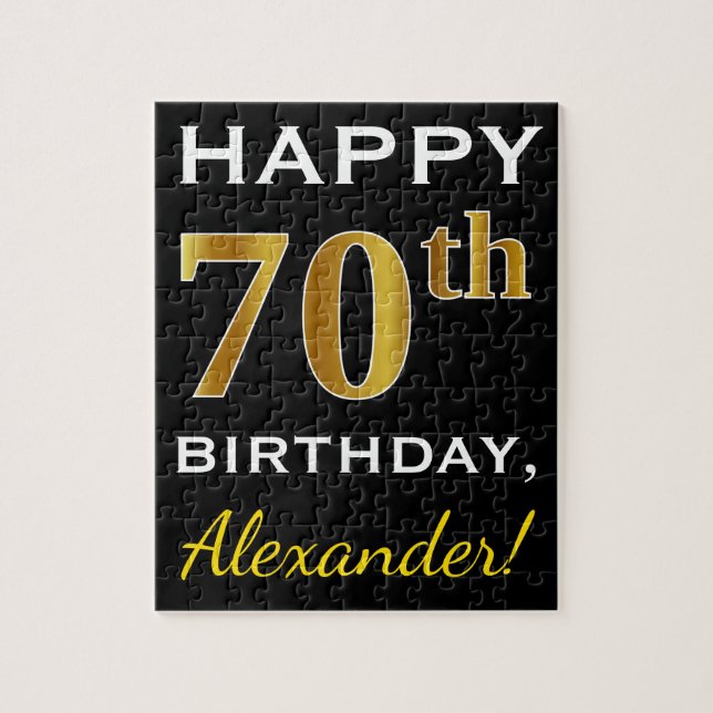 Black, Faux Gold 70th Birthday + Custom Name Jigsaw Puzzle (Vertical)