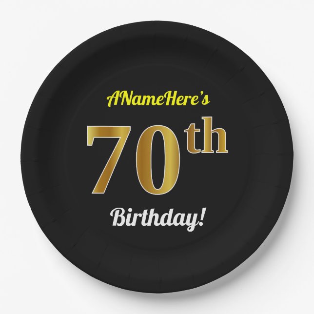 Black, Faux Gold 70th Birthday + Custom Name Paper Plate (Front)
