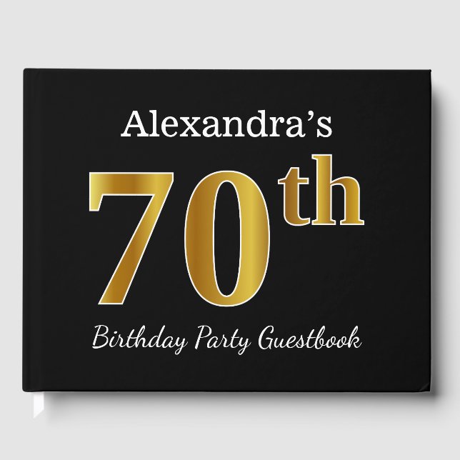 Black, Faux Gold 70th Birthday Party + Custom Name Guest Book (Front)