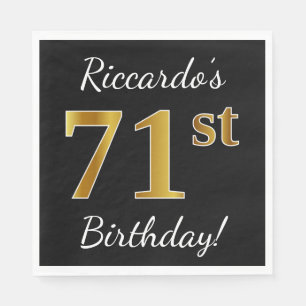 Black, Faux Gold 71st Birthday + Custom Name Napkin
