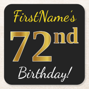 Black, Faux Gold 72nd Birthday + Custom Name Square Paper Coaster
