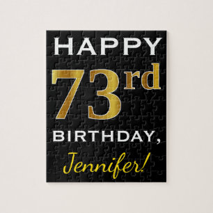 Black, Faux Gold 73rd Birthday + Custom Name Jigsaw Puzzle