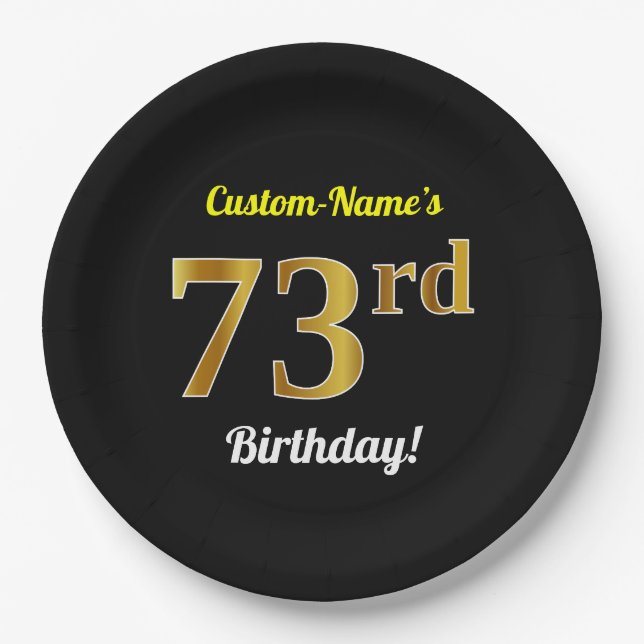 Black, Faux Gold 73rd Birthday + Custom Name Paper Plate (Front)