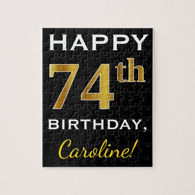 Black, Faux Gold 74th Birthday + Custom Name Jigsaw Puzzle (Vertical)