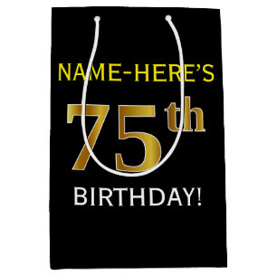 Black, Faux Gold 75th Birthday + Custom Name Medium Gift Bag