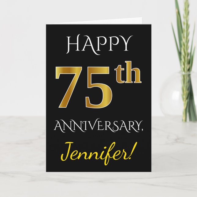 Black, Faux Gold 75th Wedding Anniversary + Name Card (Front)