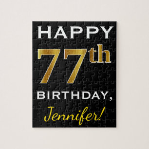 Black, Faux Gold 77th Birthday + Custom Name Jigsaw Puzzle