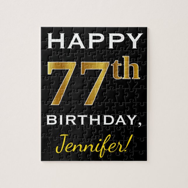 Black, Faux Gold 77th Birthday + Custom Name Jigsaw Puzzle (Vertical)
