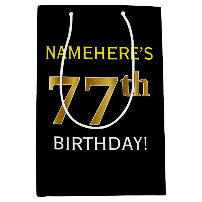 Black, Faux Gold 77th Birthday + Custom Name Medium Gift Bag (Front)