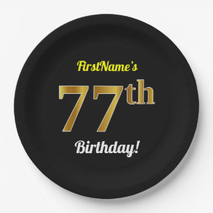 Black, Faux Gold 77th Birthday + Custom Name Paper Plate