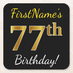 Black, Faux Gold 77th Birthday + Custom Name Square Paper Coaster