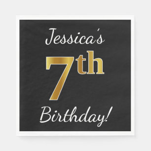Black, Faux Gold 7th Birthday + Custom Name Napkin