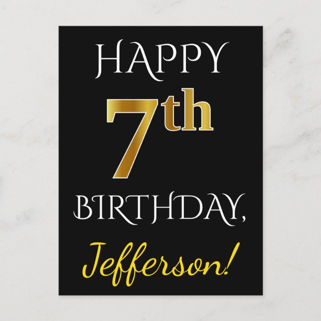 Black, Faux Gold 7th Birthday + Custom Name Postcard (Front)
