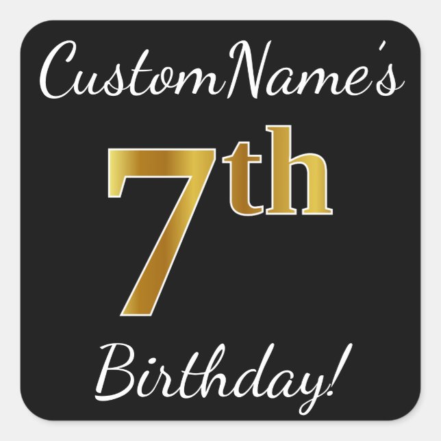 Black, Faux Gold 7th Birthday + Custom Name Square Sticker (Front)