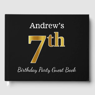 Black, Faux Gold 7th Birthday Party + Custom Name Guest Book
