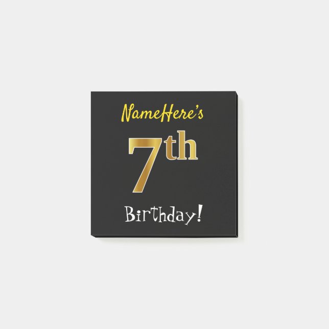 Black, Faux Gold 7th Birthday, With Custom Name Post-it Notes (Front)