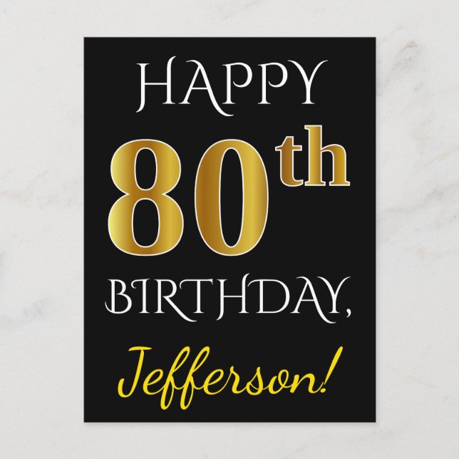 Black, Faux Gold 80th Birthday + Custom Name Postcard (Front)