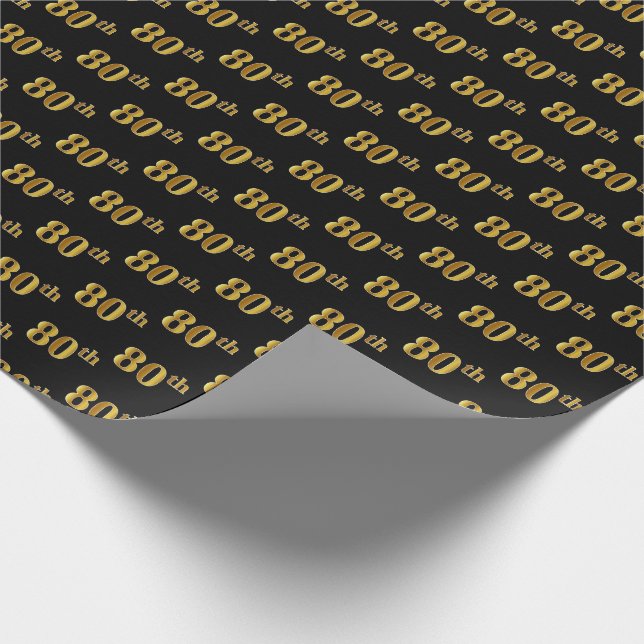 Black, Faux Gold 80th (Eightieth) Event Wrapping Paper (Corner)