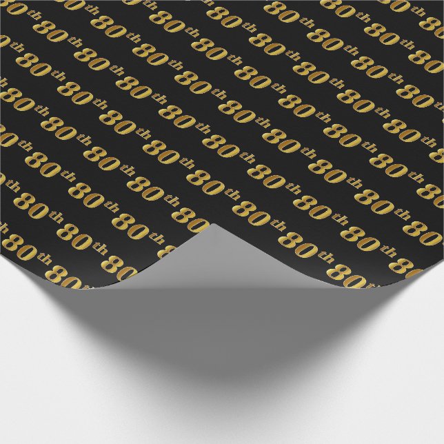 Black, Faux Gold 80th (Eightieth) Event Wrapping Paper (Corner)