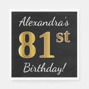 Black, Faux Gold 81st Birthday + Custom Name Napkin