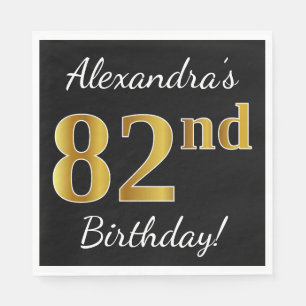 Black, Faux Gold 82nd Birthday + Custom Name Napkin