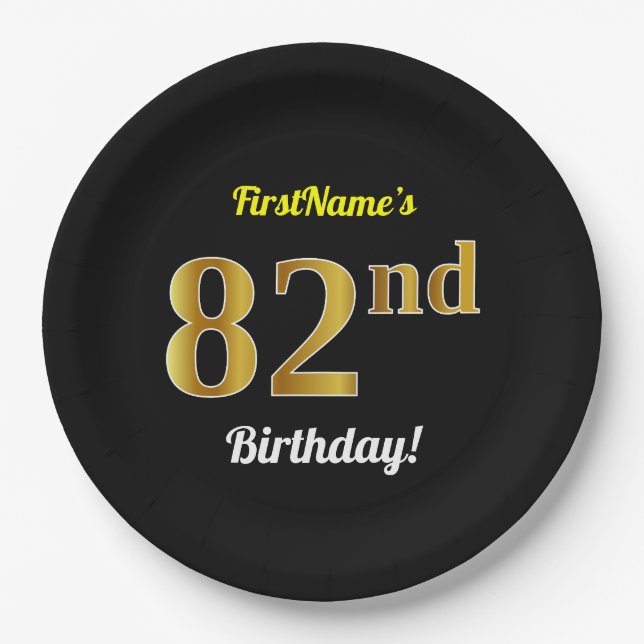 Black, Faux Gold 82nd Birthday + Custom Name Paper Plate (Front)