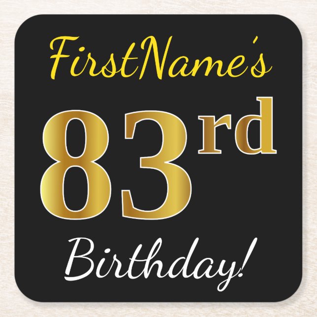 Black, Faux Gold 83rd Birthday + Custom Name Square Paper Coaster (Front)