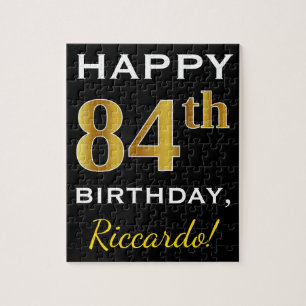 Black, Faux Gold 84th Birthday + Custom Name Jigsaw Puzzle