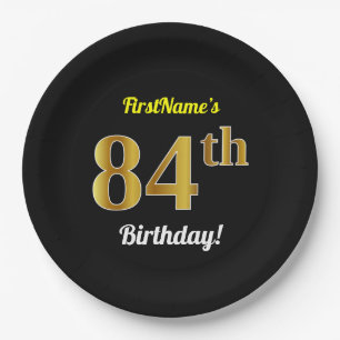 Black, Faux Gold 84th Birthday + Custom Name Paper Plate