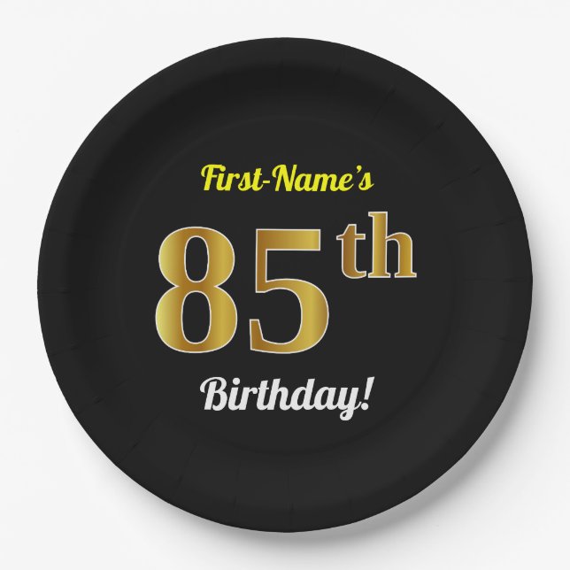 Black, Faux Gold 85th Birthday + Custom Name Paper Plate (Front)