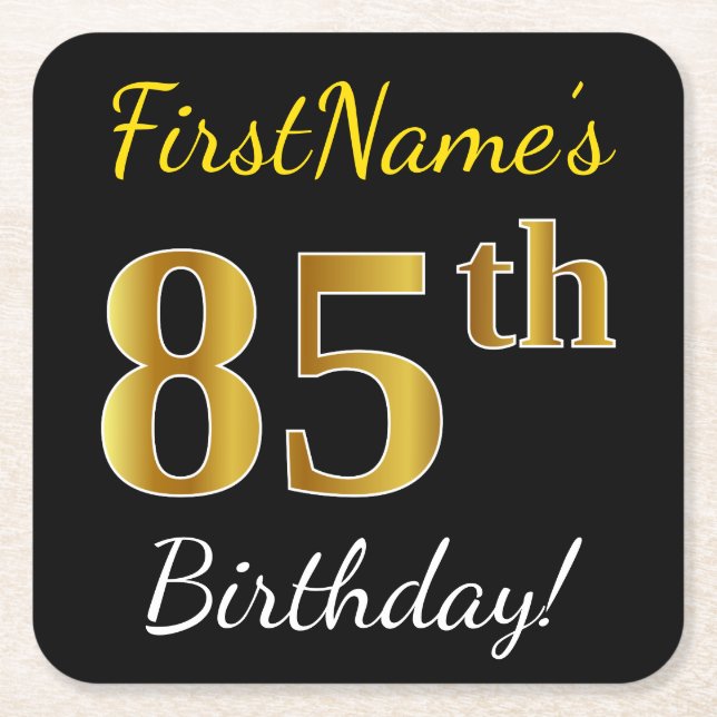 Black, Faux Gold 85th Birthday + Custom Name Square Paper Coaster (Front)