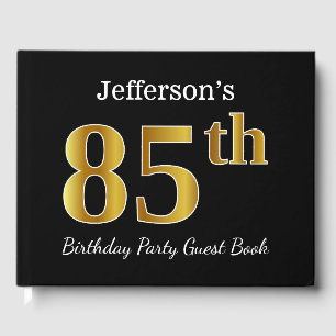 Black, Faux Gold 85th Birthday Party + Custom Name Guest Book