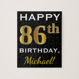 Black, Faux Gold 86th Birthday + Custom Name Jigsaw Puzzle