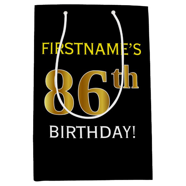 Black, Faux Gold 86th Birthday + Custom Name Medium Gift Bag (Front)