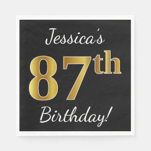 Black, Faux Gold 87th Birthday + Custom Name Napkin