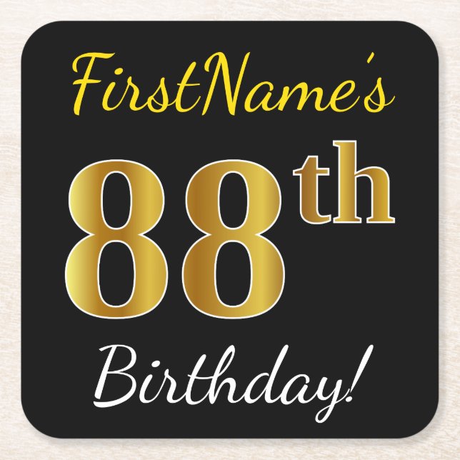 Black, Faux Gold 88th Birthday + Custom Name Square Paper Coaster (Front)