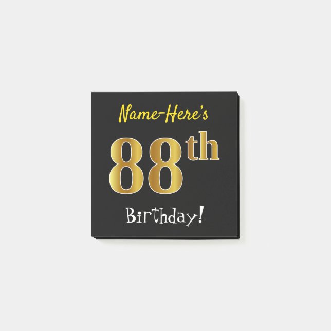 Black, Faux Gold 88th Birthday, With Custom Name Post-it Notes (Front)