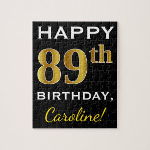 Black, Faux Gold 89th Birthday + Custom Name Jigsaw Puzzle