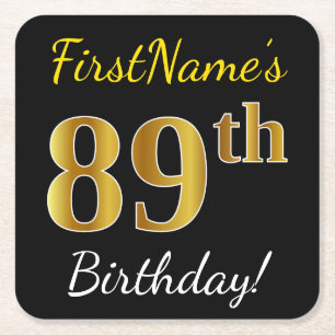 Black, Faux Gold 89th Birthday + Custom Name Square Paper Coaster